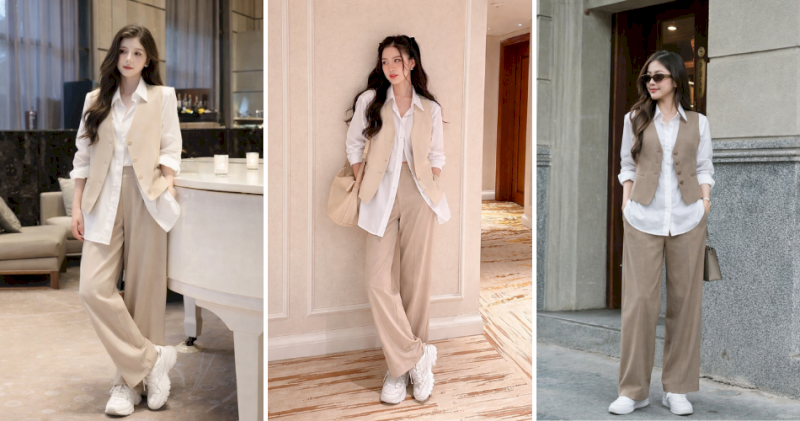 Gile vest mặc cùng sơ mi buông ngoài quần ống rộng tự do, phóng khoáng.